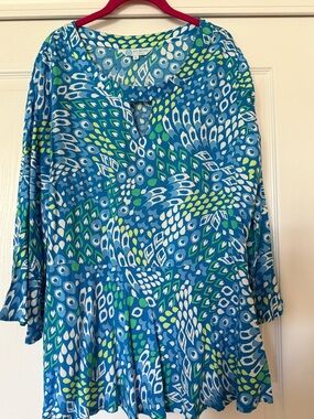 Escapade Blue Green Patterned Peplum Tunic With Bell Skeeves
